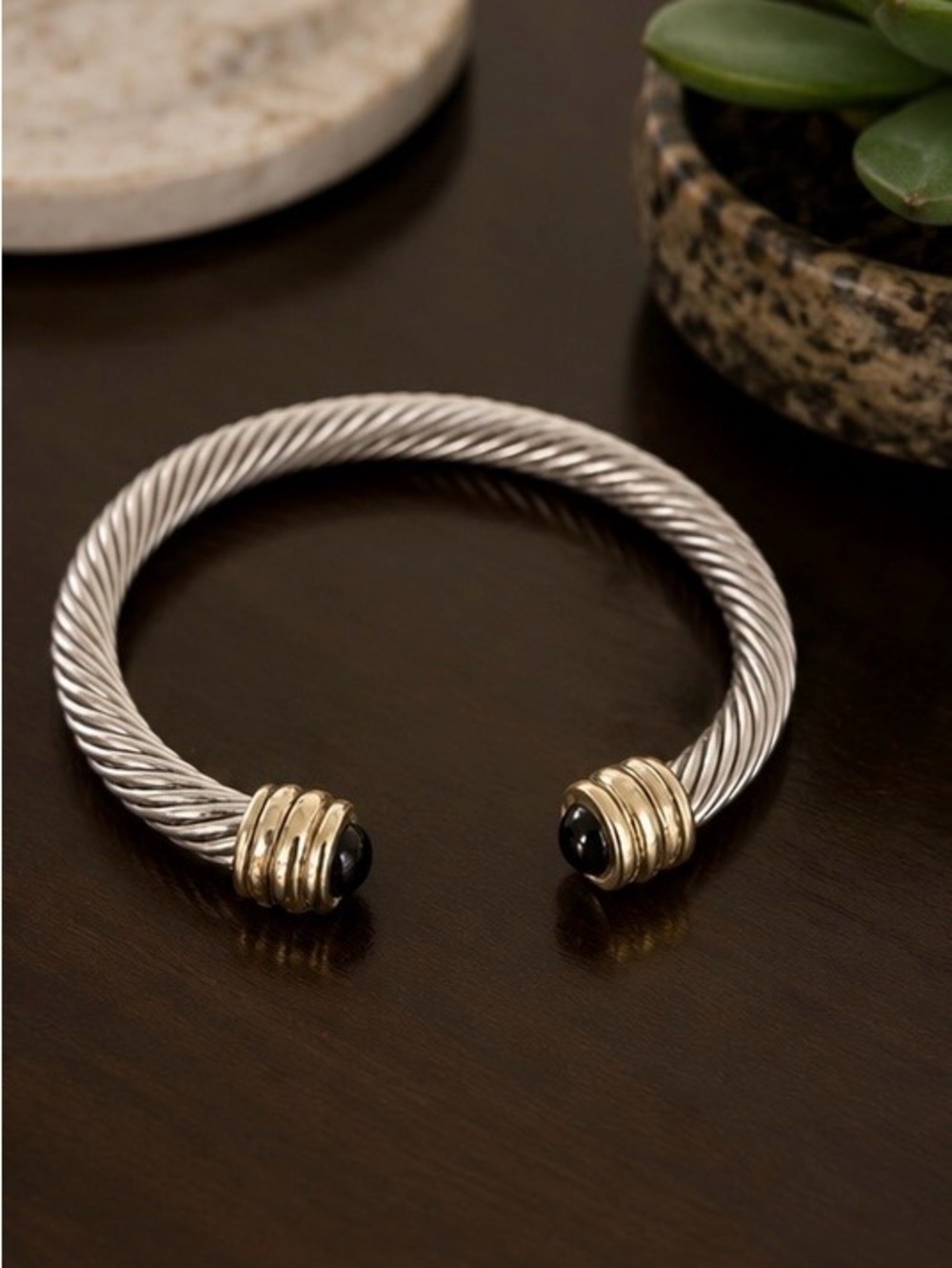 Silver & Gold Rope Open Cuff Bracelet | Two-Tone Cable Twist Bangle